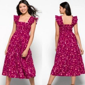 Hill House Home Ellie Nap Dress Burgundy Botanical Floral Cotton Midi Medium NEW